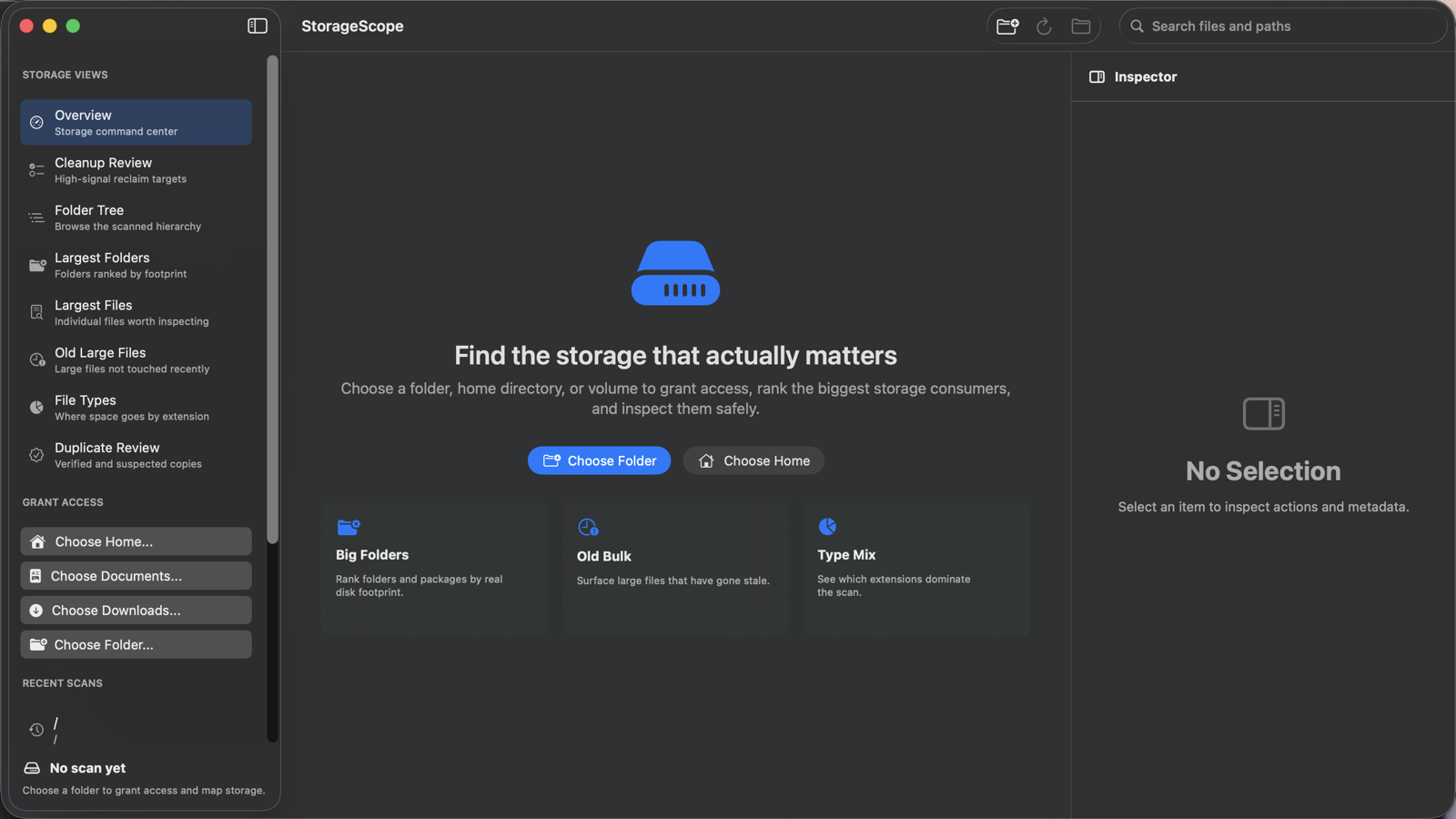 StorageScope macOS app overview showing storage views, cleanup review, folder tree, and inspector panes